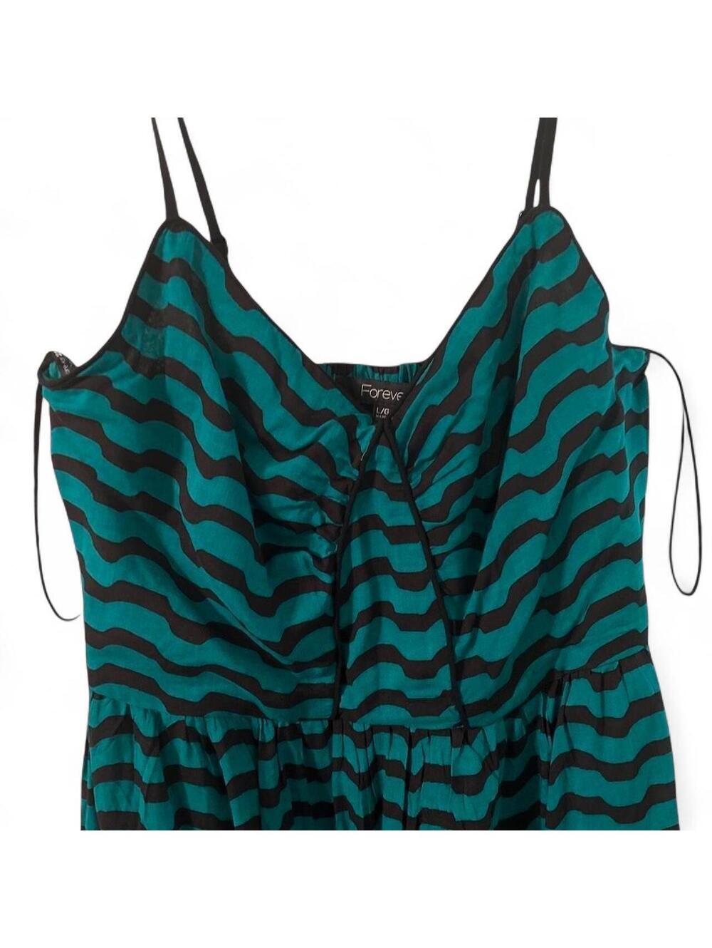 Forever 21 Green Black Striped Smocked Mini Dress Size L - Picture 3 of 4